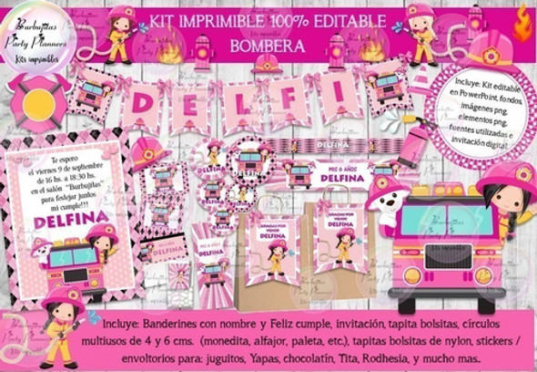 Kit Imprimible Candy Bar Bombera Rosa 100% Editable 1
