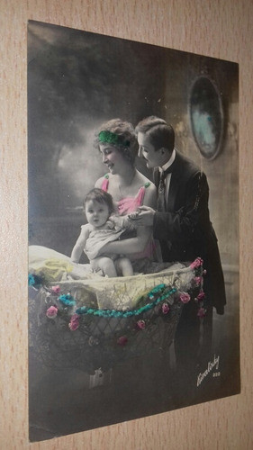 Antigua Postal Romantica Coloreada Familia Matrimonio Con Be 0