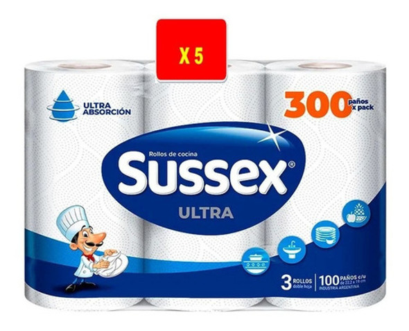 Rollo De Cocina Sussex Premium 3 X 100 Paños X 5 Paquetes 0