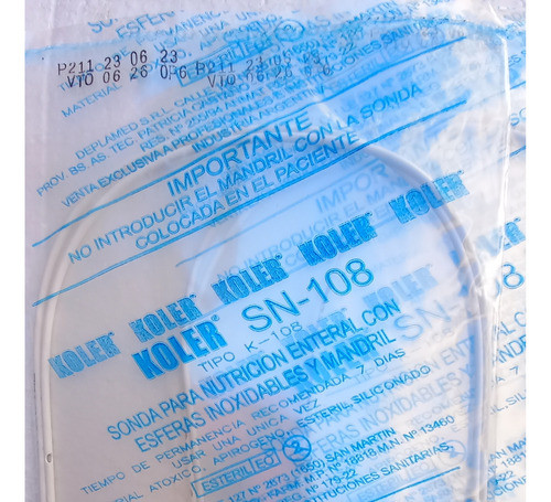 Sonda Nasogastrica Koler Sn-108 Con Esferas Inoxid Y Mandril 0
