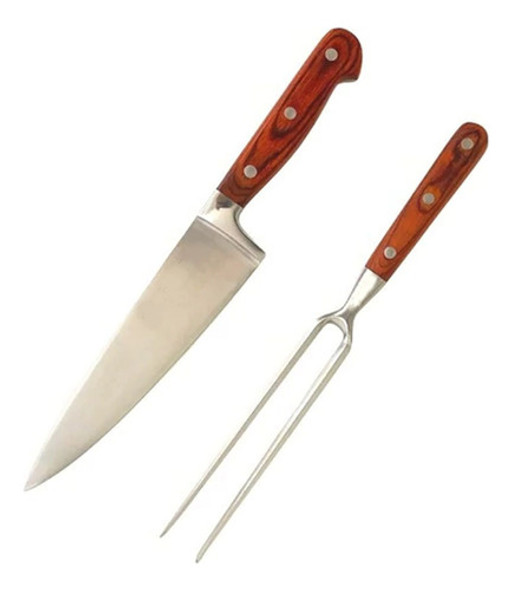 Juego Parrillero Madera Gourmet Cuchilla 33cm Y Trinche 30cm 0
