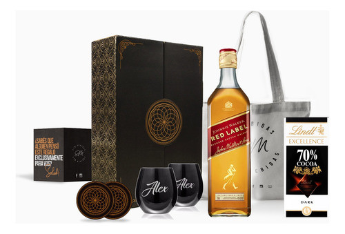 Box Whisky Red Label Vasos Negros Grabados Chocolates Kit 0