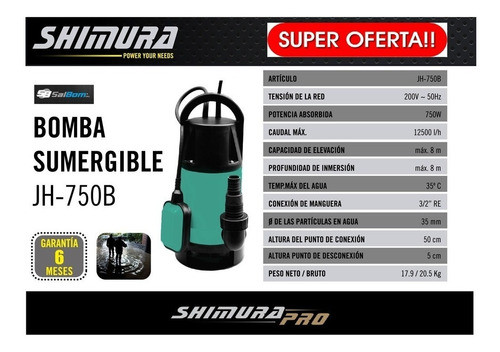 Bomba Sumergible Desagote Agua Sucia 750w Shimura Jh750b 1