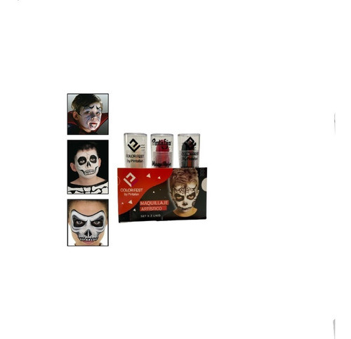Kit Maquillaje Halloween Labial X 3 Negro Blanco Rojo Cara 0
