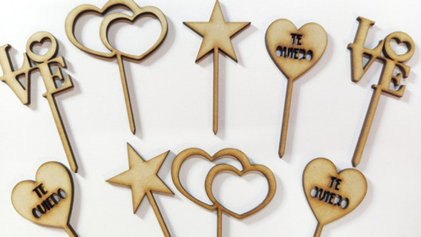10 Mini Topper Estrella Corazón Love Fibrofacil Mdf Tortas 0