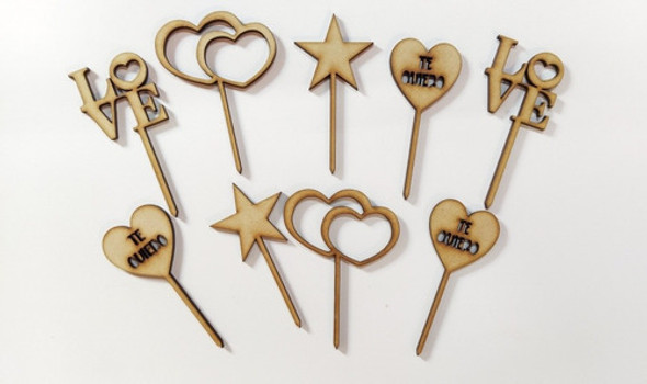 10 Mini Topper Estrella Corazón Love Fibrofacil Mdf Tortas 1