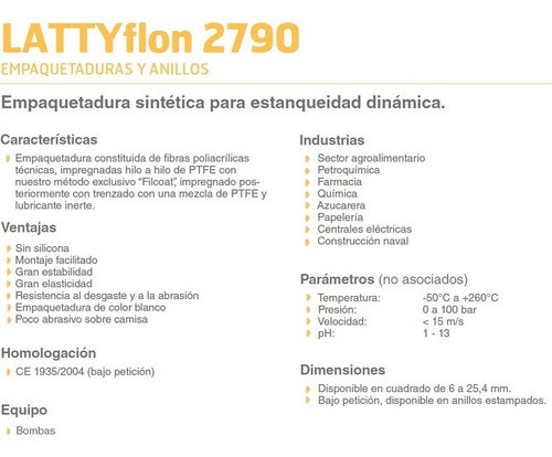 Empaquetadura Teflon Lattyflon 2790 6mm P/ Metro 1