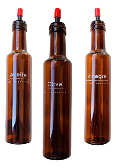 Set De 3 Botellas Oliva Aceite Vinagre Vidrio Ambar 250ml 0