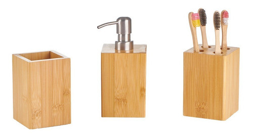 Set 3 Piezas Baño Bambu Dispenser Vaso Portacepillo 1