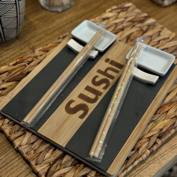 Tabla De Bambú Para Sushi Con Base De Piedra Y Accesorios 1