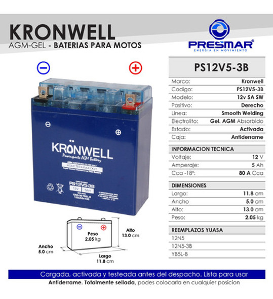 Bateria Kronwell Gel Yb5l-b / 12n5-3b Motomel S2 150 1