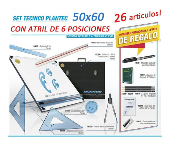 Set Dibujo Técnico Plantec Tablero 50x60 Con Atril 26 Art 1