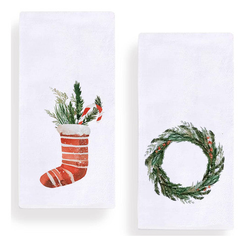Juego De 2 Toallas De Cocina Con Corona De Navidad En Acuar. 0