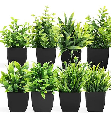 Plantas Artificiales Verdes Y Maceta Negra Redonda Pack 8 0