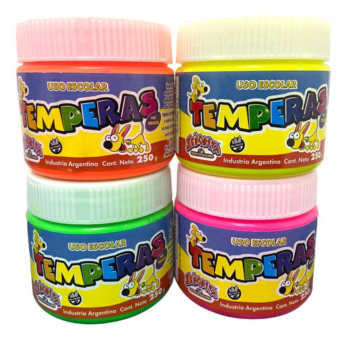 4 Potes Fluo Tempera De Colores Señorita Sta X 250grs C/u 0