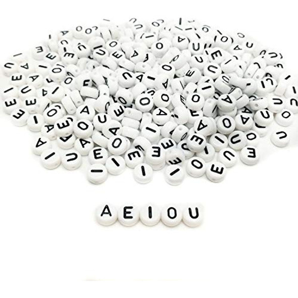 Cuentas Redondas Blancas Con Letras Vocales Negro 300u 7x4mm 0