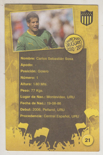 Futbol Peñarol Tarjeta Arquero Sebastian Sosa Uruguay 2010 1