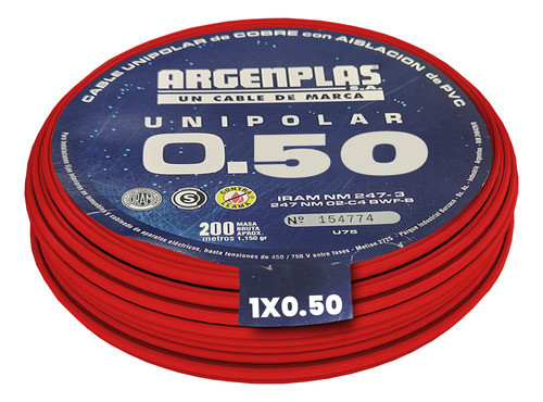 Cable Unipolar 0,50mm2 Pvc Rojo Argenplas (x 200mt) 0