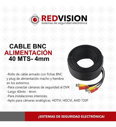 Cable Bnc Armado Video Alimentación 40mts 4mm Cctv Redvision 1