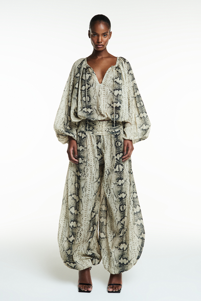 Draped Waist Cotton Pants with Elastic Hem – Cobra Print