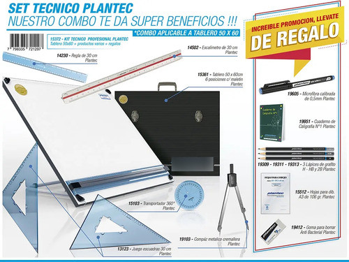 Kit Set Tablero Dibujo Tecnico Con Atril  40x50 Plantec 1