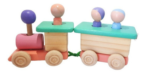 Tren Madera De Arrastre 2 Vagones Con Pasajeros Didáctico 1