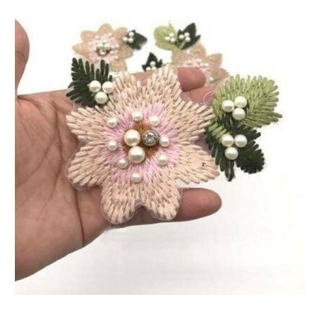 Aplique Bordado Flor Rosita Claro Con Perlas Y Strass X 2 U 1