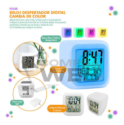 Reloj Despertador Digital Cambia De Color, Temp Fecha 13076 1