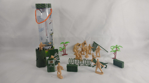 Set X 12 Soldaditos+trinchera Y Accesorios En Tubo 1