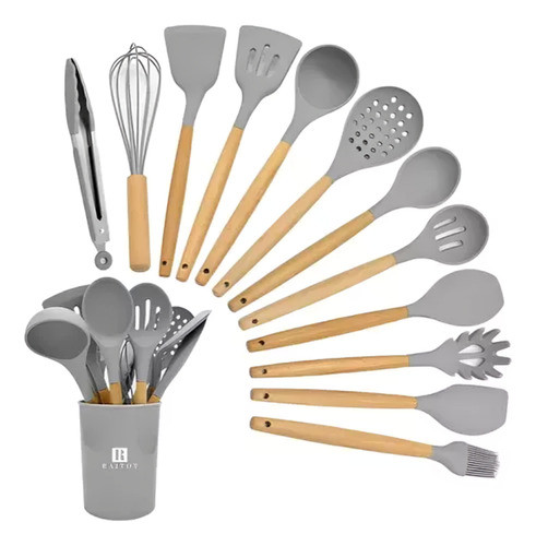 Set Kit X12 Utensilios Cocina Mango Madera Punta Silicona 0