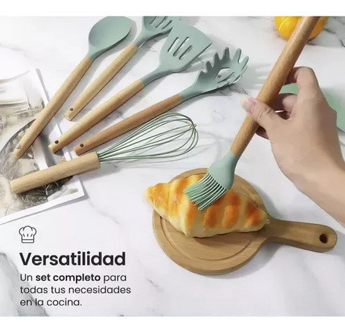 Set Kit X12 Utensilios Cocina Mango Madera Punta Silicona 1