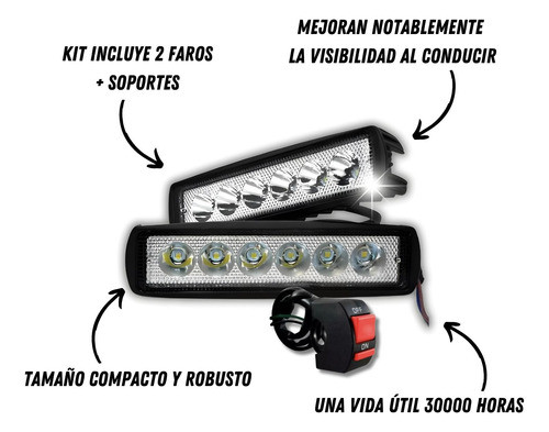 2 Faros Led Auxiliares Barra + Tecla Off On 4x4 Moto 12/24v 1