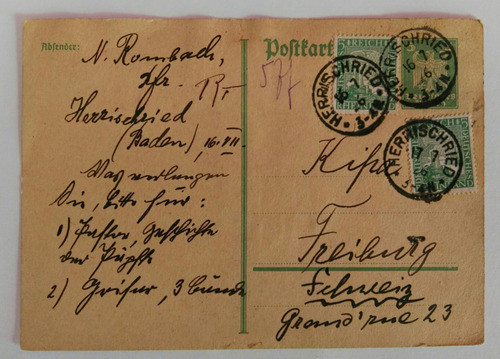 Alemania Entero Postal Circulado Desde Herrischried 1926 0