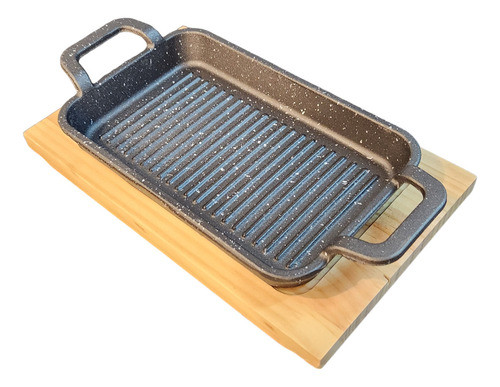 Fuente Bandeja Plato Parrila Hierro Fundido + Base De Madera 0