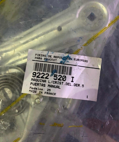 Levantavidrios Delantera Derecha Peugeot 205 Original Puerta 1