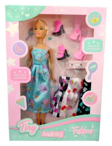 Muñeca Tiny Fantasy Fashion 3 Vestidos + 2 Pares De Zapatos 0