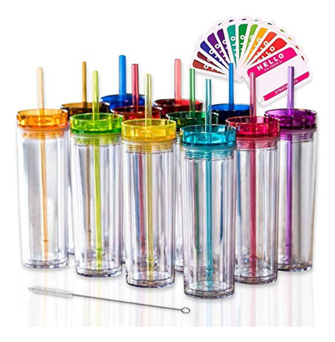 Vasos Skinny 12 Vasos Acrílicos De Colores Con Tapa Y Pajita 0
