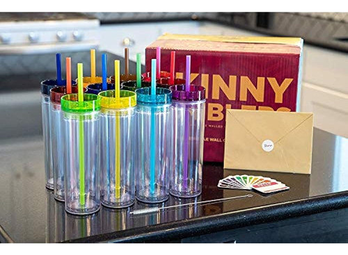 Vasos Skinny 12 Vasos Acrílicos De Colores Con Tapa Y Pajita 1