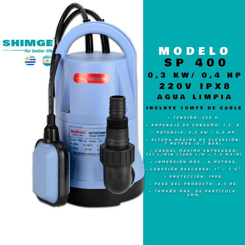 Bomba Sumergible Desagote Sp 400 0,5hp Shimge 3 Años Grtia 1