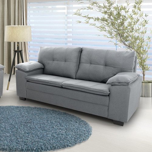 Sillon Sofa 3 Cuerpos Tapizado Tela Gris Patas De Madera 1