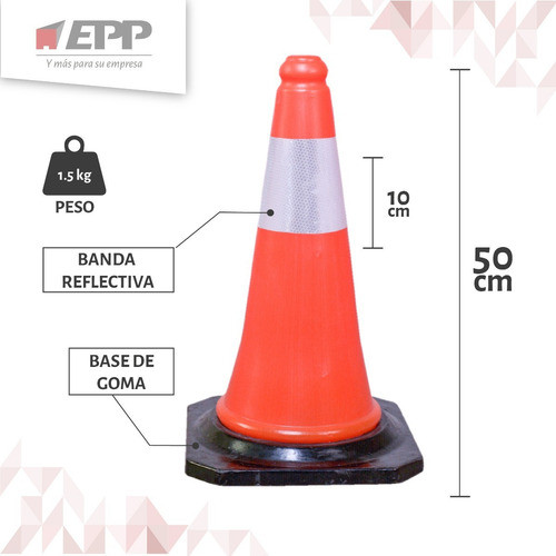 Cono base goma economico 50cm rigido 1 banda reflectiva 1