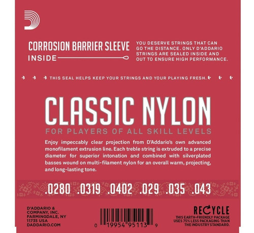 Encordado De Guitarra Clásica Criolla D'addario Ej27n Nylon 1