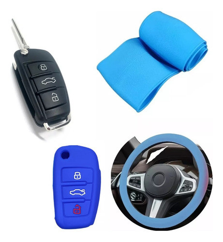 Cubre Volante + Funda Llave Silicona - Audi 3 Botones - Azul 0