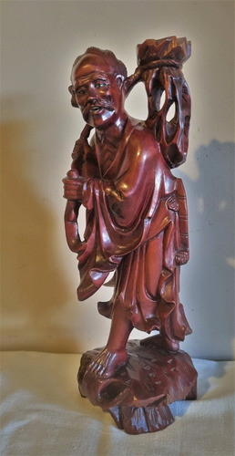 Antigua Figura Oriental  Sabio  Madera Cerezo Ojos Vidrio. M 1