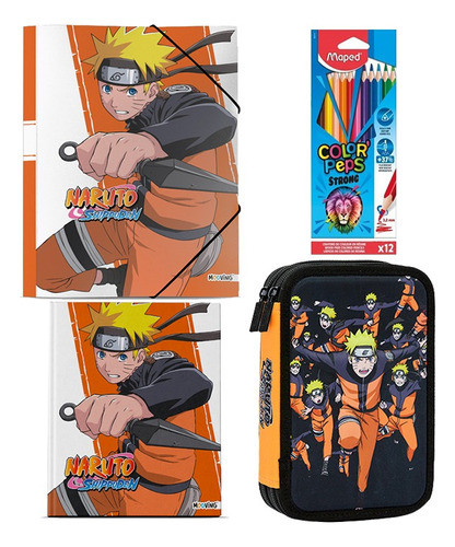 Kit Escolar Mooving Naruto Carpeta+cartu+cuaderno+lapices 0