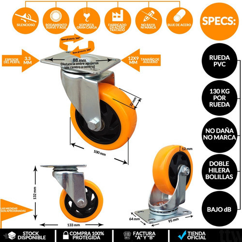 Rueda Giratoria Naranja Pvc 100x32 Mm S/f Doble Rodamiento 1