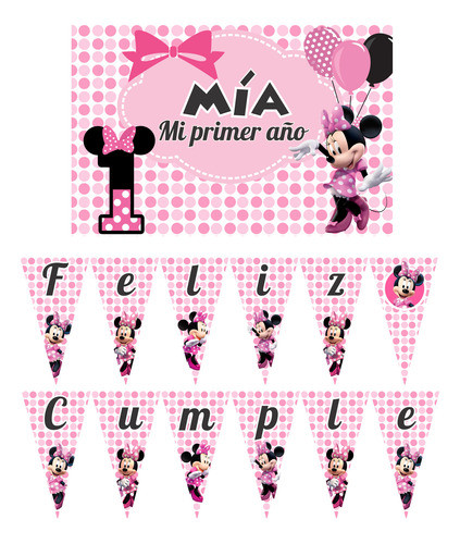 Minnie Cartel Y Banderin Decoracion Cumpleaños Rosa 0