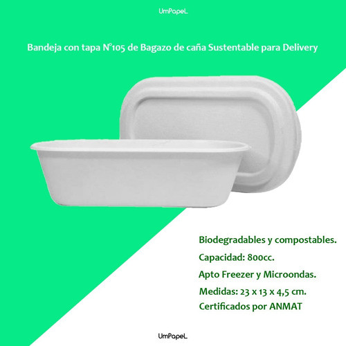 50 Bandejas Biodegradables Bagazo De Caña N°105 Oval C/tapa 1