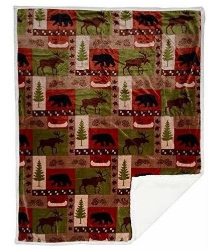 Patchwork Lodge Oso De Felpa De Sherpa Manta Wmoose Y Piñas 1