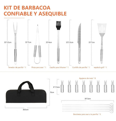 Set De Parrilla Asado Asador 18 Pcs + Estuche Acero Inox. 1